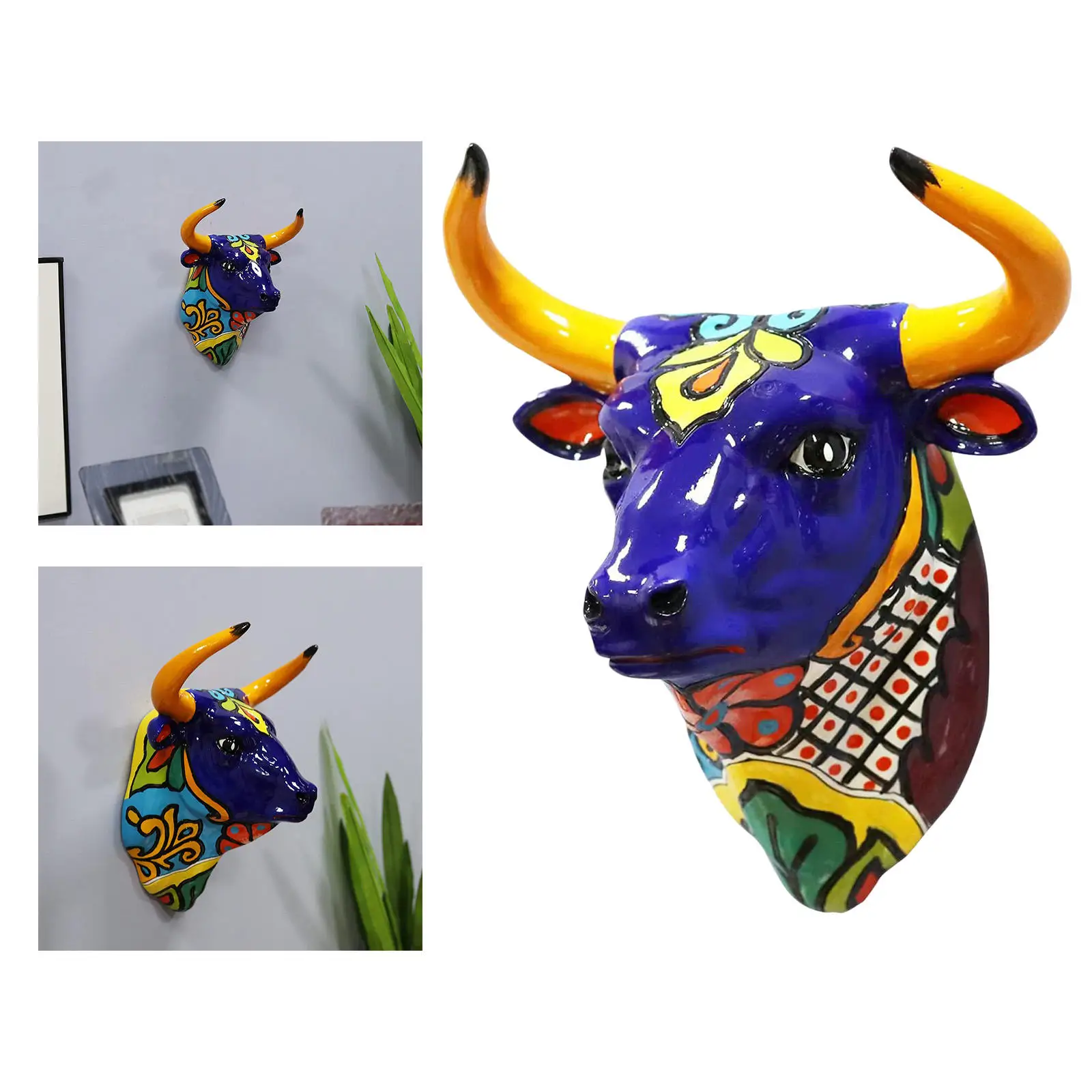 Resin Cow Head Wall Hanging Pendant 3D Animal Head Sculpture Figurines Crafts For Mother's Day Home Decor