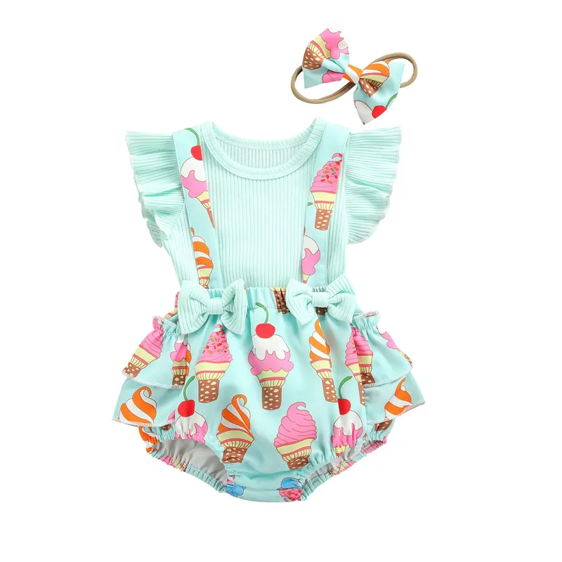 3Pcs Toddler Summer Outfit, Solid Color Ribbed Ruffle Sleeves Tops + Rainbow Bib Pants + Hair Rope for Baby Girls, 0-18 Months small baby clothing set	