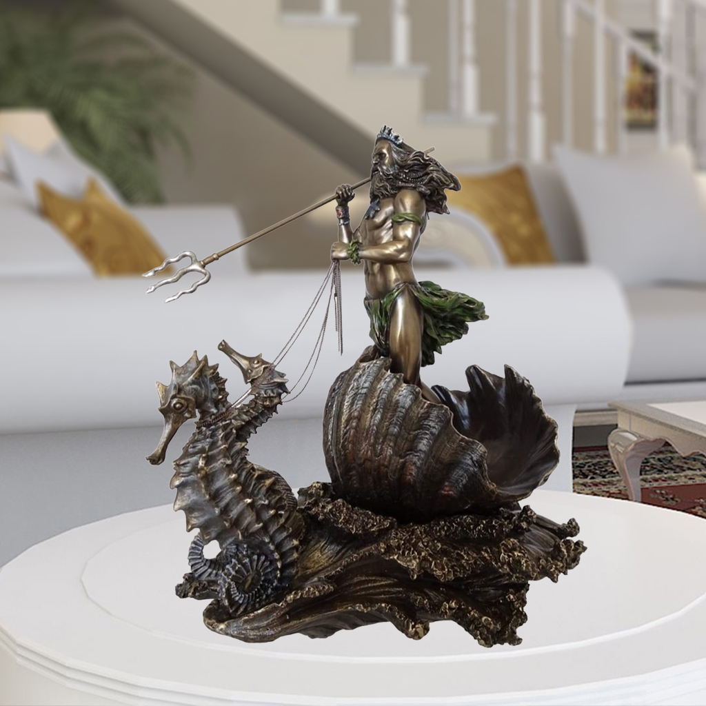 Poseidon Greek God of the Sea Statue Resin Art Peiece Neptune on Seahorse Figurine Wine Cabinet Shelt Bookcase Orament