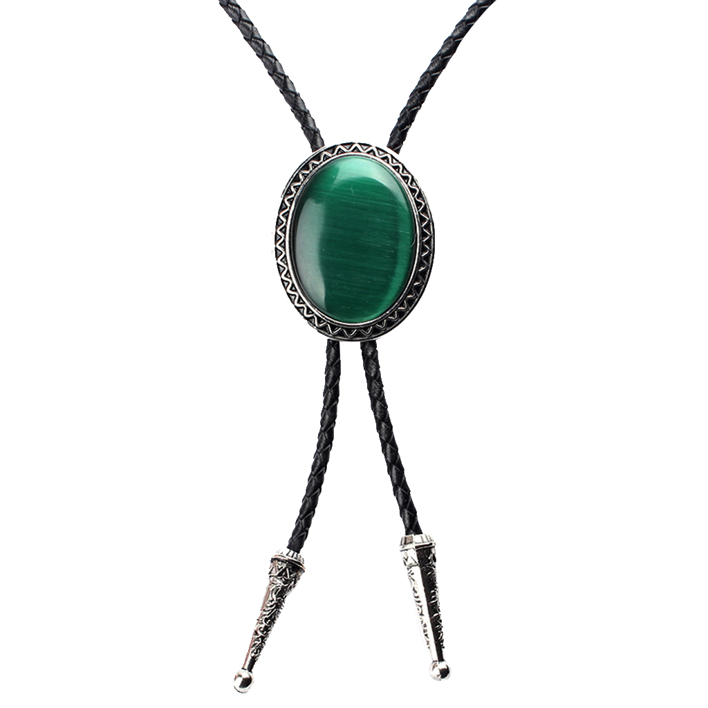 Vintage Natural Green Opal Silver Embossed Curve Oval Bolo Leather Necktie