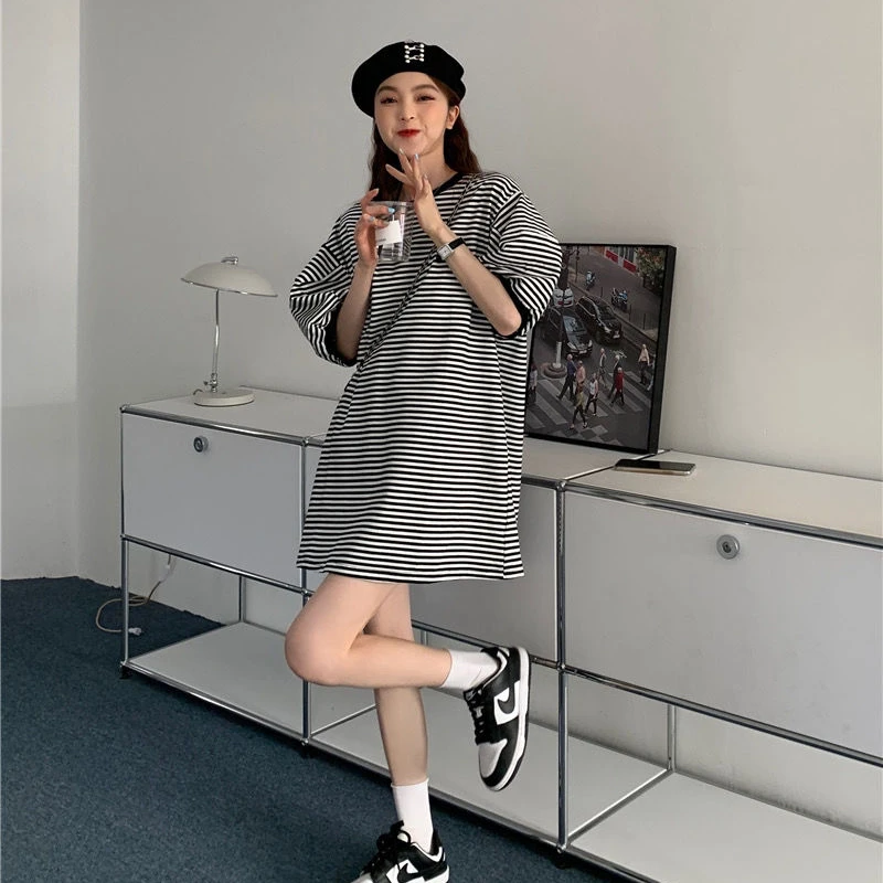 Dress Women Puff Sleeve Casual Fashion A-line Cool Sundress Students Ulzzang Chic Striped O-neck Stylish Soft Loose New Vestido vintage clothing stores