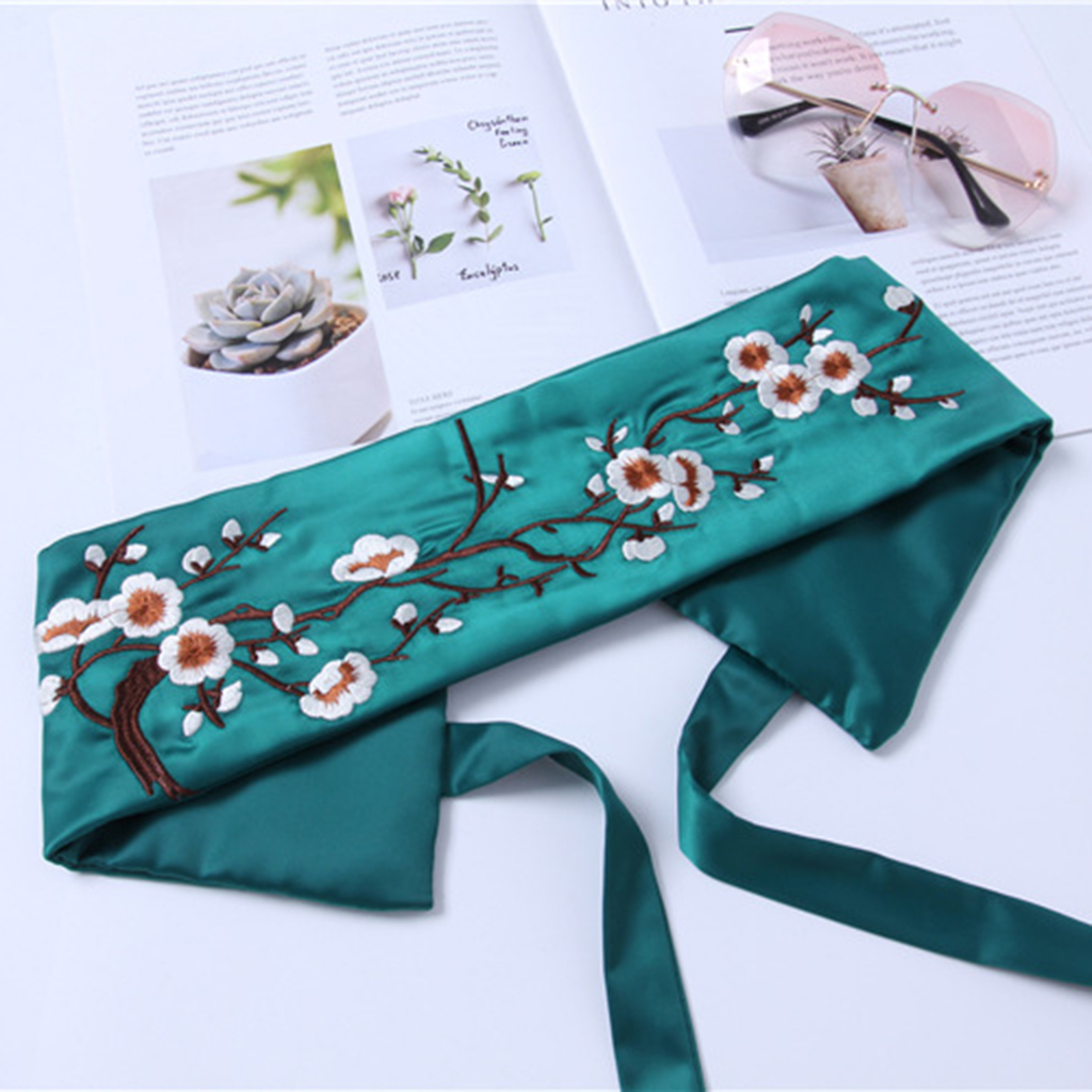 Vintage Style Embroidered Flower Pattern Waistband Obi Belt Corset Belt with Self Tie Long String for Special Dress
