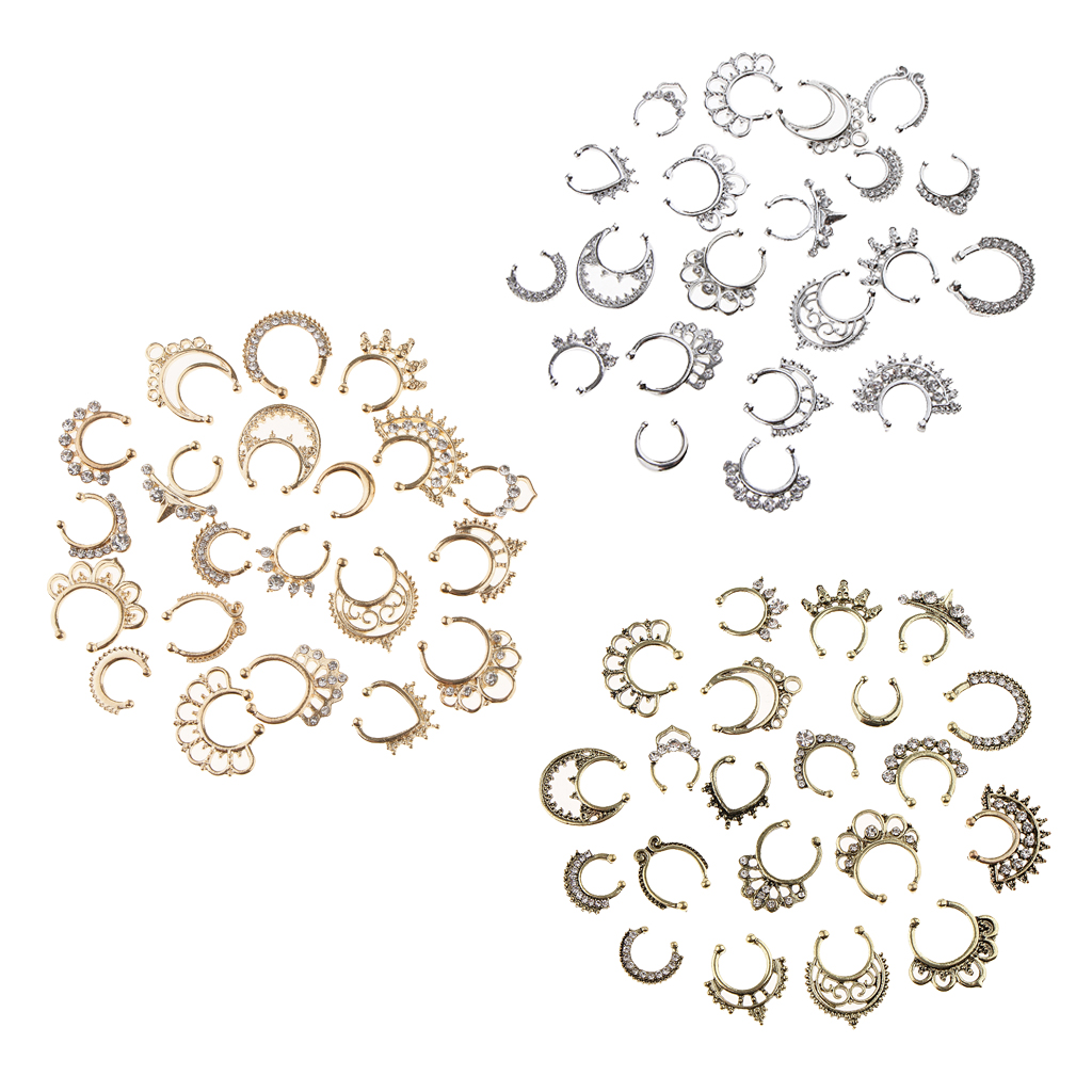 21pcs Nose Fake Septum Ring Clip On Body Jewelry Faux Hoop Ring Rhinestone