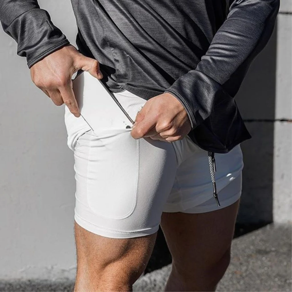 Men's 2 in 1 Running Shorts with Lining Inner Compression Short Zip Pockets Fitness Bottom Base Layer