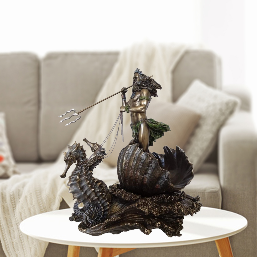 Poseidon Greek God of the Sea Statue Resin Art Peiece Neptune on Seahorse Figurine Wine Cabinet Shelt Bookcase Orament