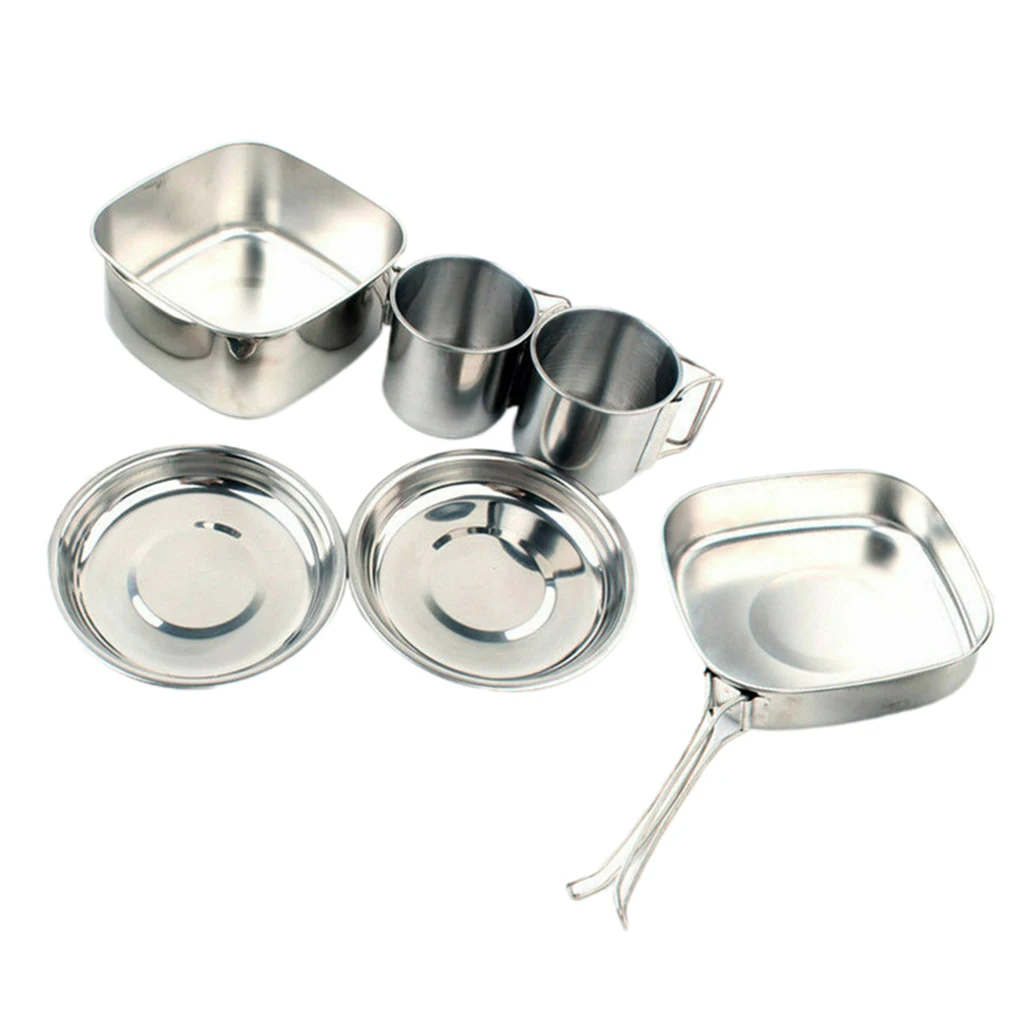 6x Stainless Steel Camping Cookware Cooking Long Handle Wok Tableware Cup Sets