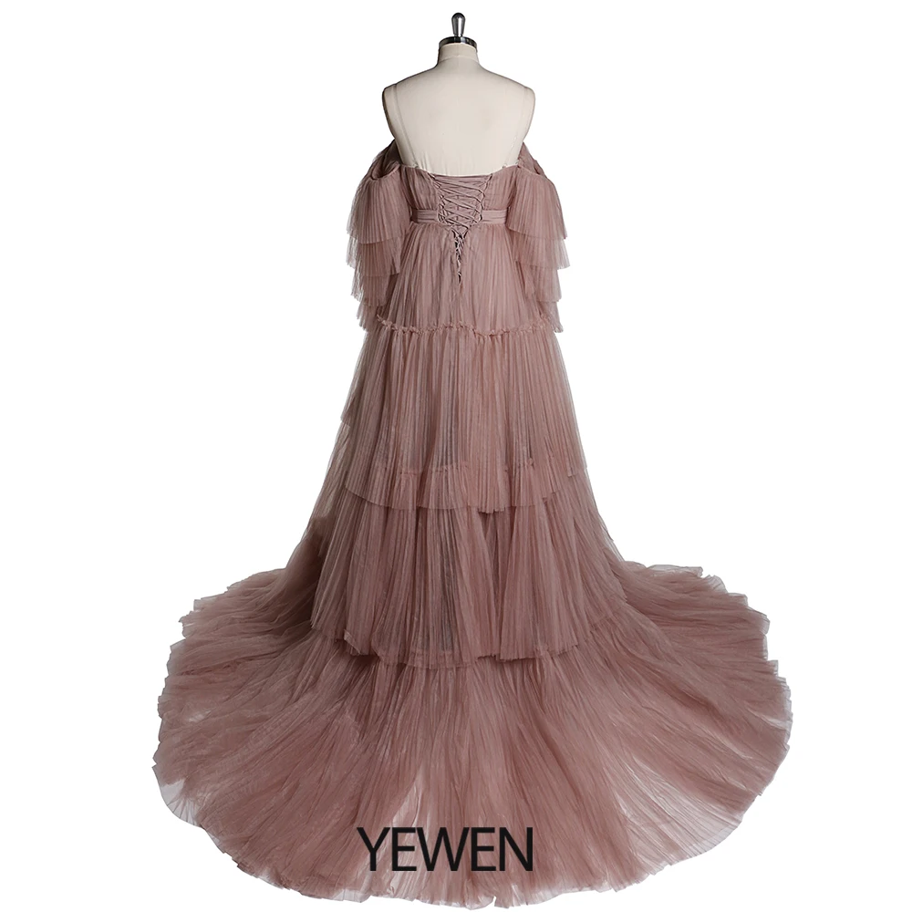 evening wear for women Open Front Off Shoulder Maternity Dress  Lace Up Special Tulle Evening Dresses 2020 Yewendress YW2051 green evening gown