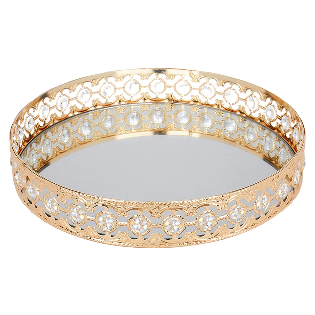 Round Golden Mirror Candle Tray Plate Wedding Table Decorative Mirror Tray Crystal Vanity Tray for Home Bedroom