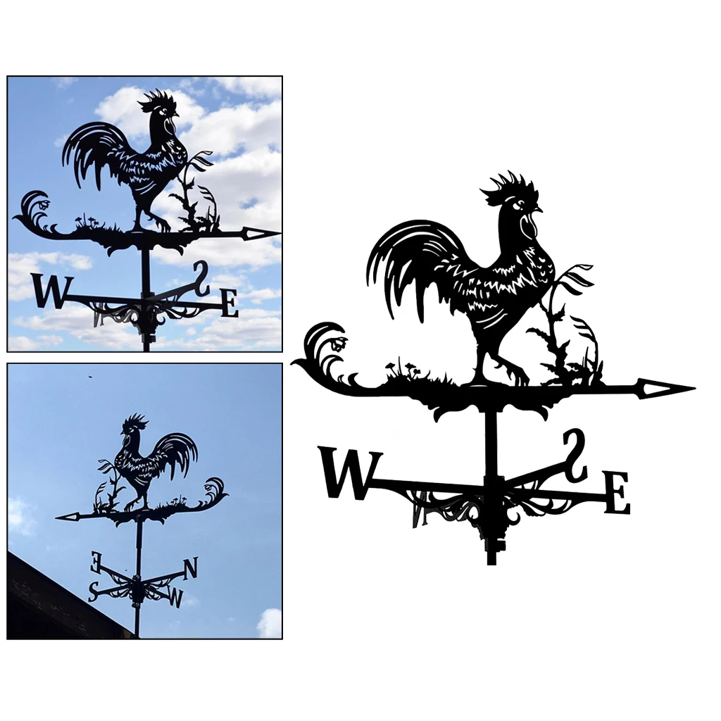 Decorative Wind Vane Weather Vane Garden Mount Yard Stake, Stainless Steel Rooster Weather Vane Farm Durable Scene - Black