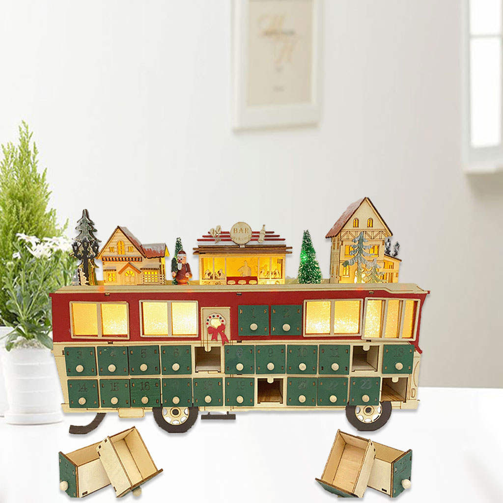 Wood Advent Calendar Children Toy Battery Operated DIY Bus Shape Light up 24 Drawers Christmas Holiday Decoration