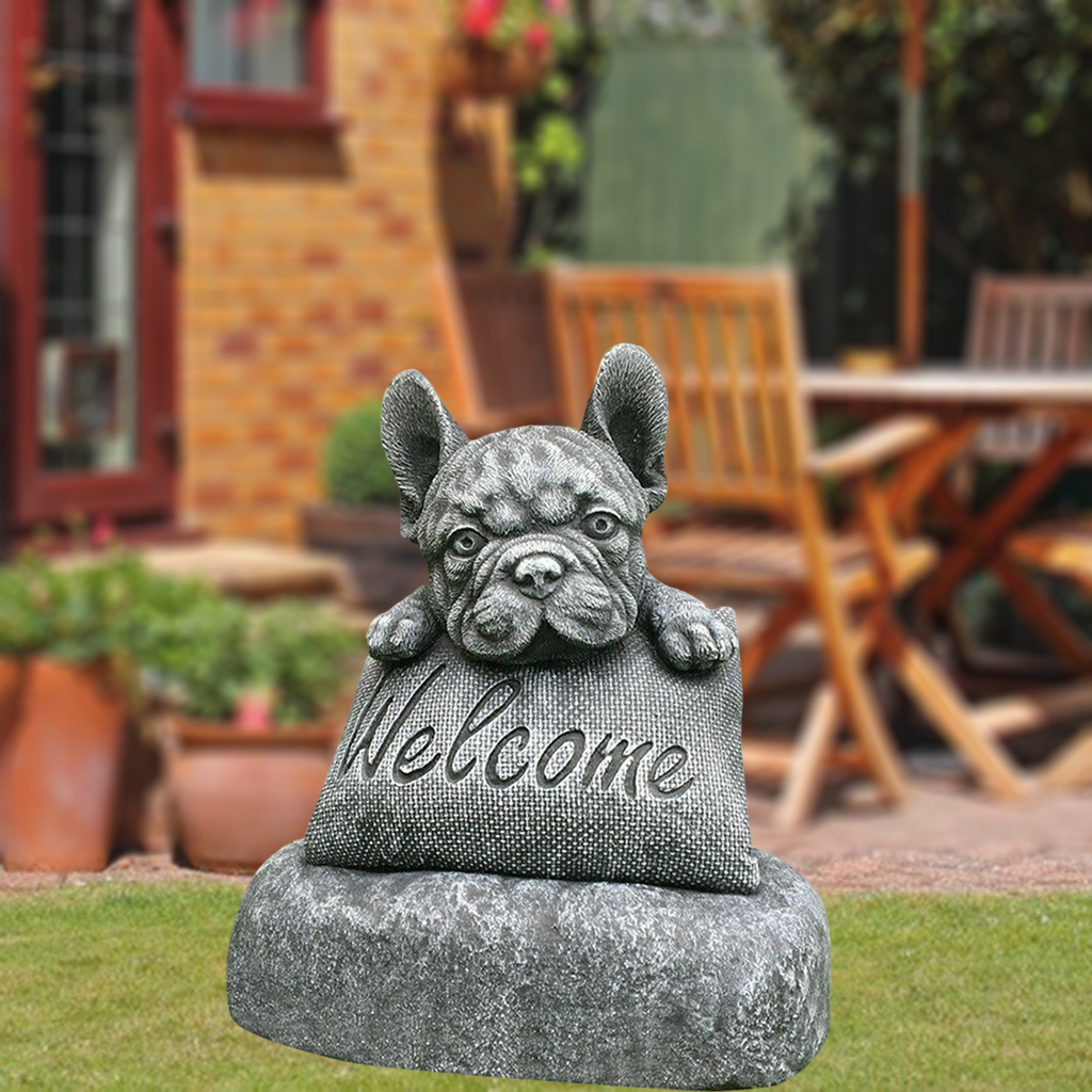 French- Statue Garden Dog Statue Decoration Welcome Sign Resin Craft Ornament Indoors Outdoors Sculpture Yard Art