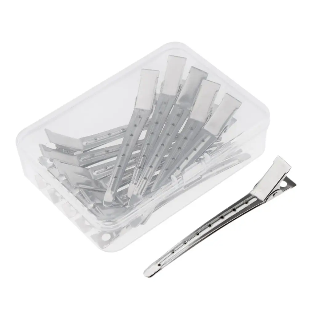 12Pcs Stainless Steel Silver Hairdressing Clips Salon Hair Section Styling Clamps with Box
