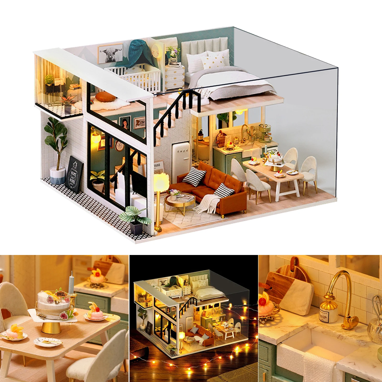 DIY Dollhouse Kit with Furniture, Lights, and Ornaments Plants 1:24 Scale Wooden