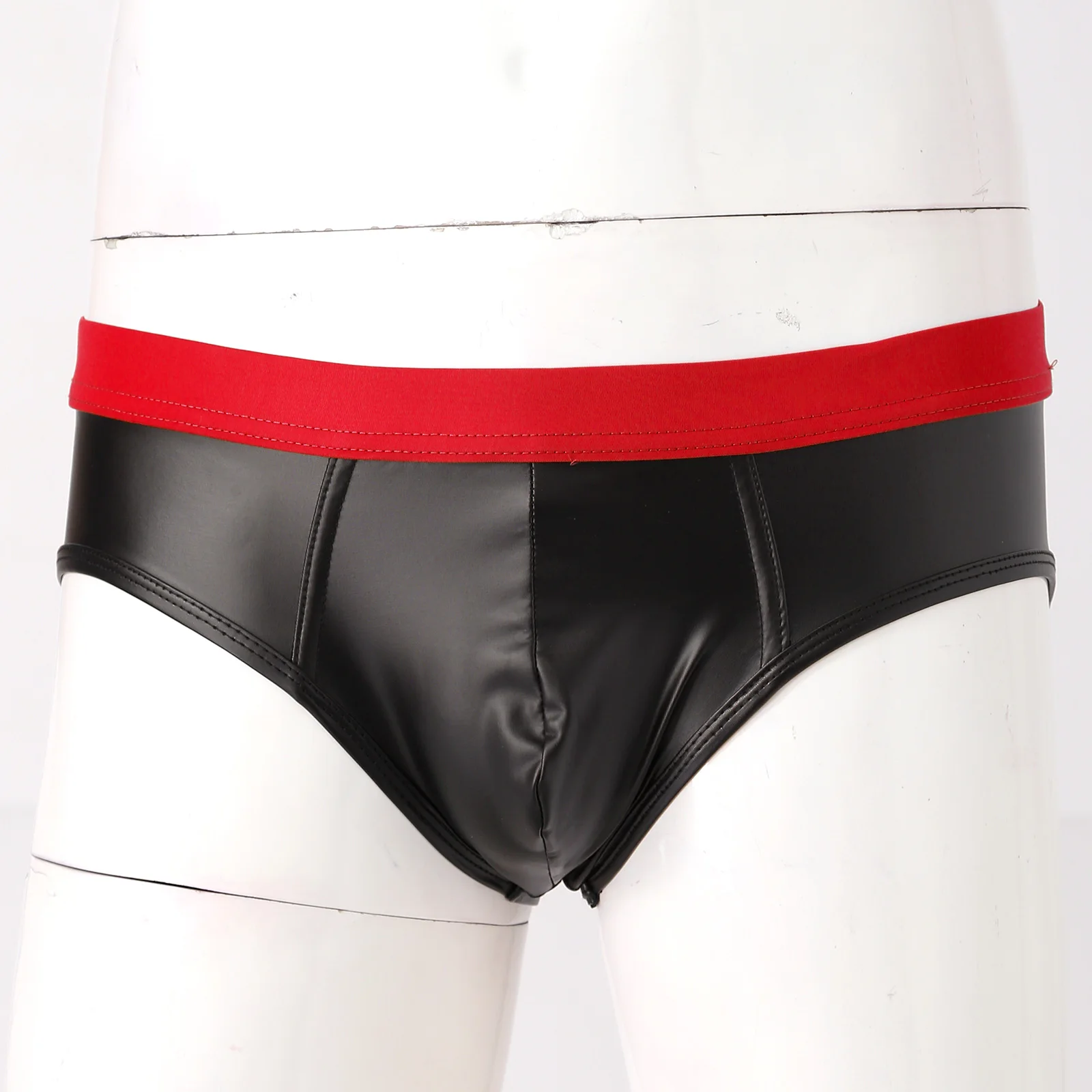 Men Low Waist Bulge Pouch Faux Leather Briefs Color Block Elastic Waistband Underpants Lingerie Underwear mens sheer briefs