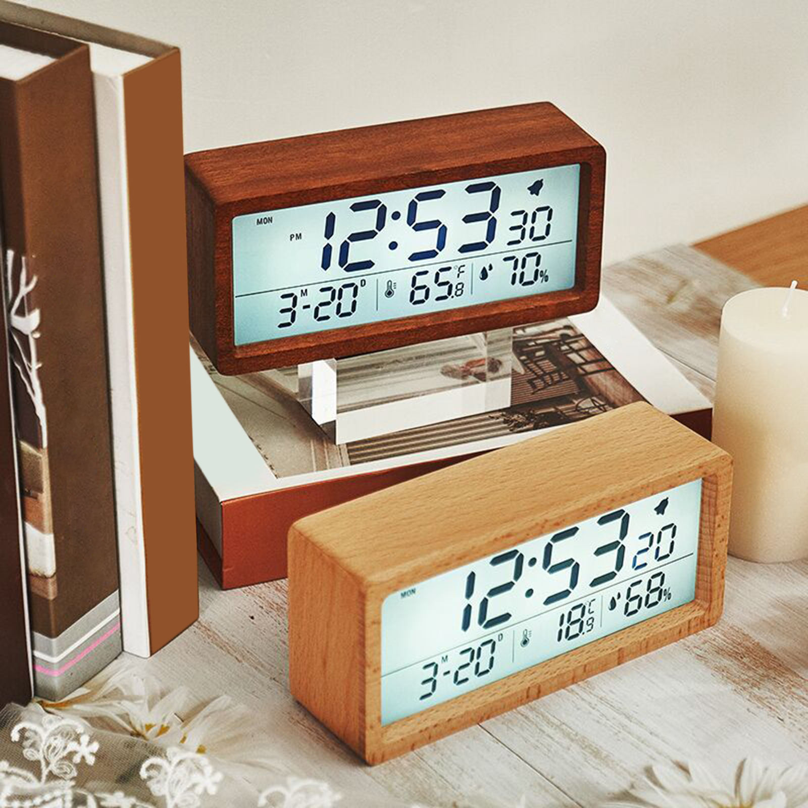 Wood Battery Powered Alarm Clock Humidity Temperature Week Time Display Snooze Mode Bedroom Bedside Kids Room Clocks