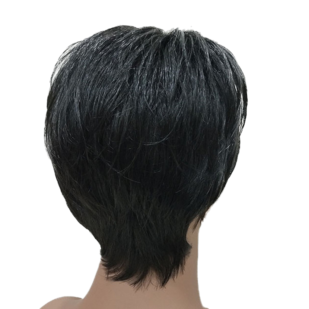 Women Human Hair Wig, Black Short Hairpieces Wavy Layered Hairstyle, 25cm/10