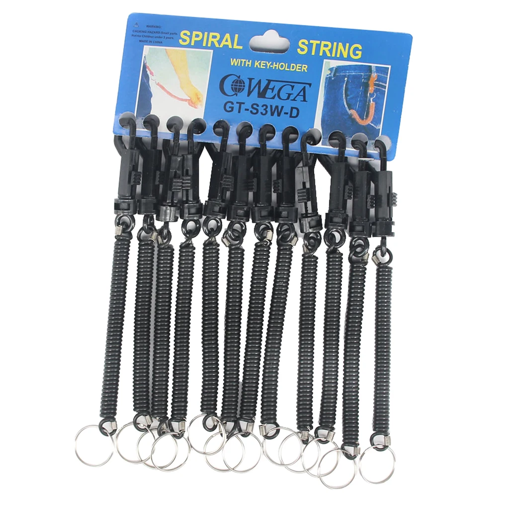 12pcs Retractable Spiral Stretch String Keychain Keyring Black