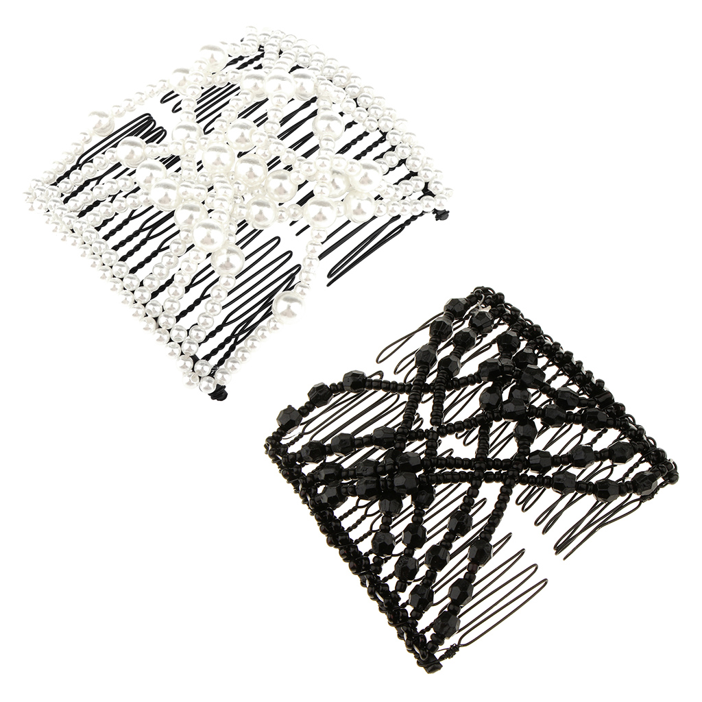 2Pcs Double Slide Hair Comb Magic Bead Stretchy Hair Combs Clips Black+White Headwear Accessories