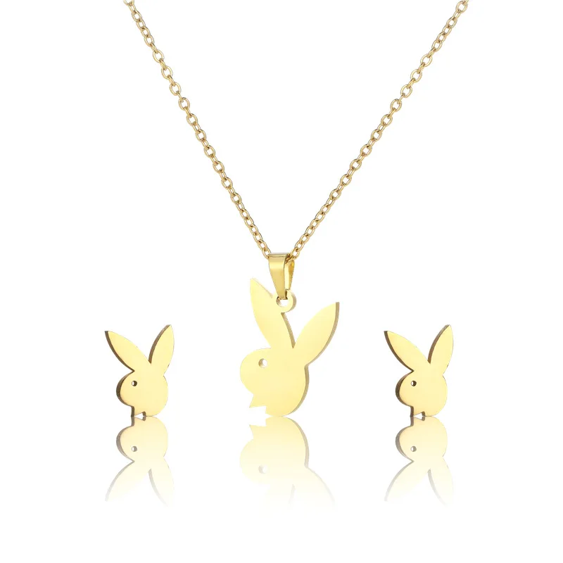 rose gold costume jewelry set Cute Stainless Steel Animal Necklace Earrings Lovely Cartoon Gold Color Bunny Rabbit Jewelry Set for Women Kids Christmas Gift gold pendant set new design