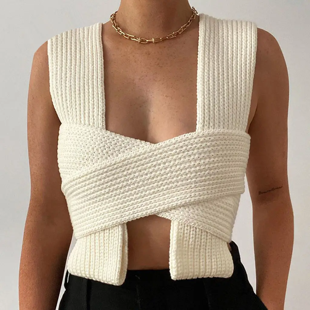 Spring Summer Bow Cross Strap Knitted Vest Sweater Women Sexy Crop Top DIY Wear Clothing Sleevless Jumper