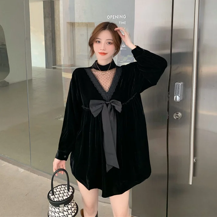 Mini Dresses Women Patchwork Mesh Loose Bow Lantern Sleeves 3XL Plus Size Sexy Korean Style Popular Ins Female Ulzzang 2021 New midi dress