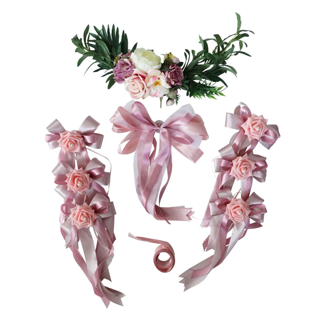 9pcs Wedding Car Decorations Kit Set Limousine Silk Flower Ribbon Bow DIY Decor 