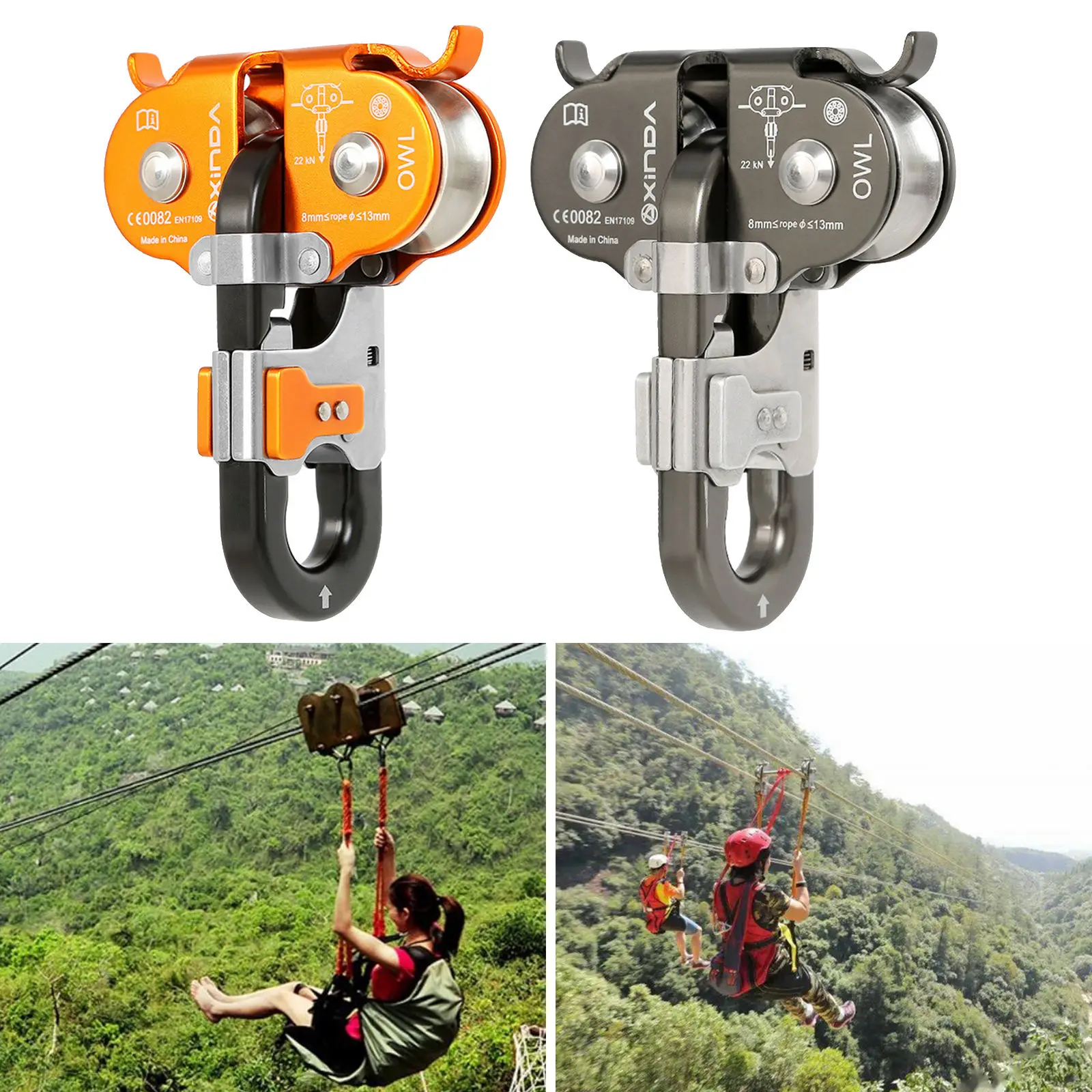 22KN Rock Climbing Zip Line Cable Speed Dual Pulley for Hauling Trucking Climbing Rigging Tensioning Outdoor Trips