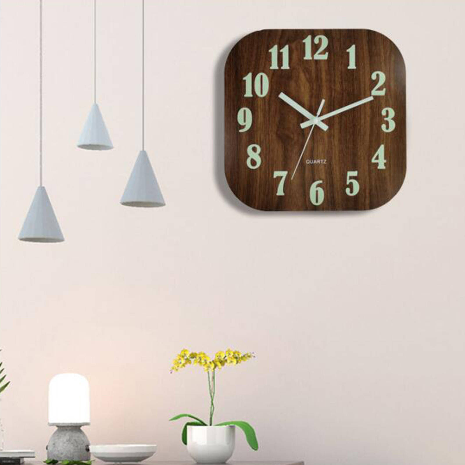 Modern Wall Clock 30cm Wood Decorative Night Light Non-Ticking Battery Operated Glow in Dark Luminous for Classroom Living Room
