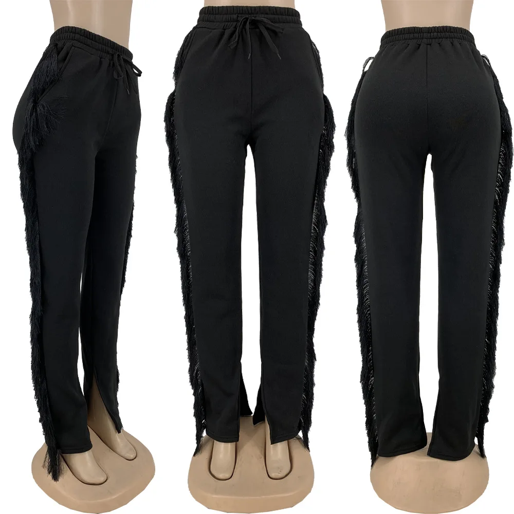 ANJAMANOR Tassel Sweatpants for Girls Fashion Streetwear Women Fringe Joggers Cozy Casual Elastic High Waist Pants D13-CG33 women's clothing
