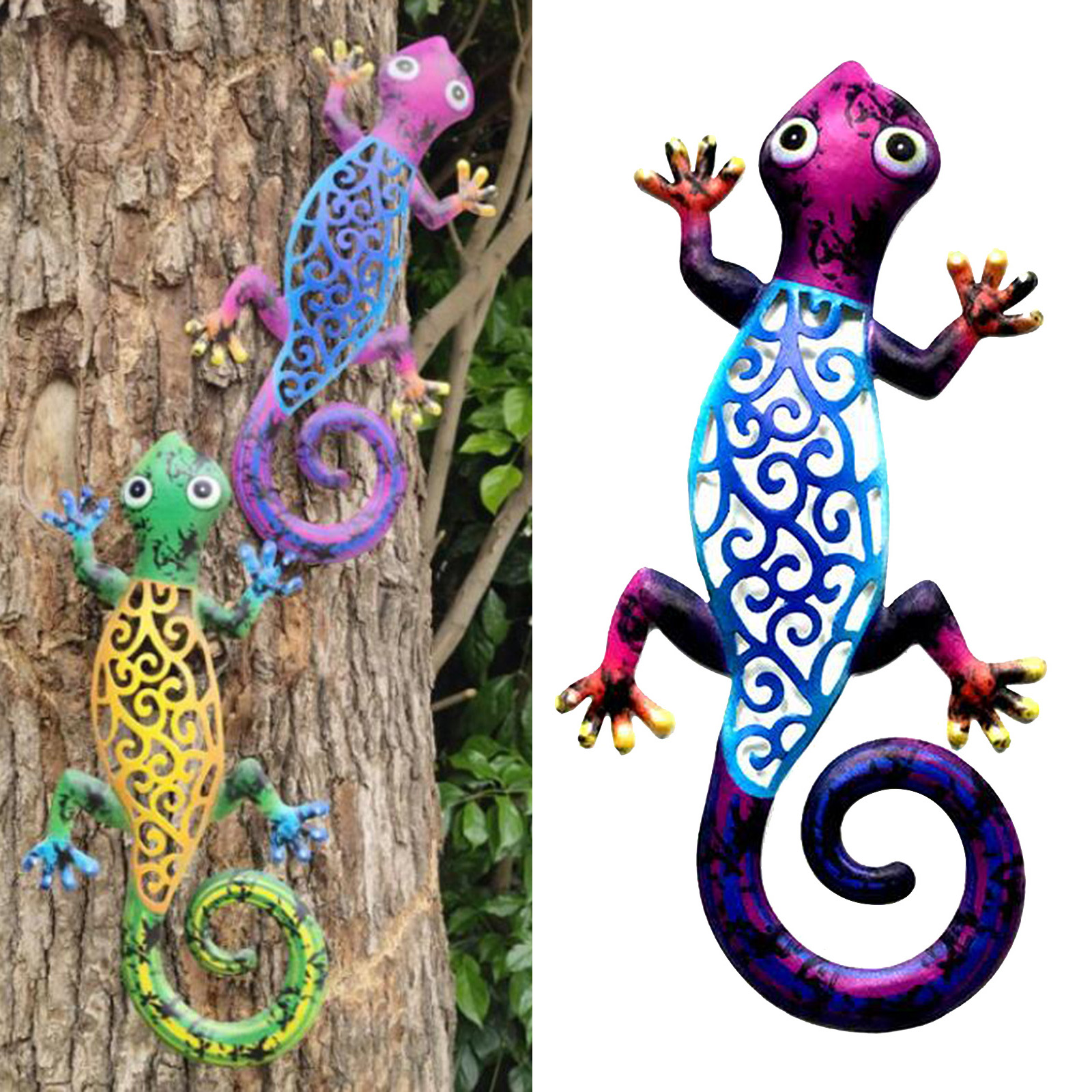 Iron Art Gecko Ornaments Outdoor Metal Lizard Art Hanging Sculpture for Patio