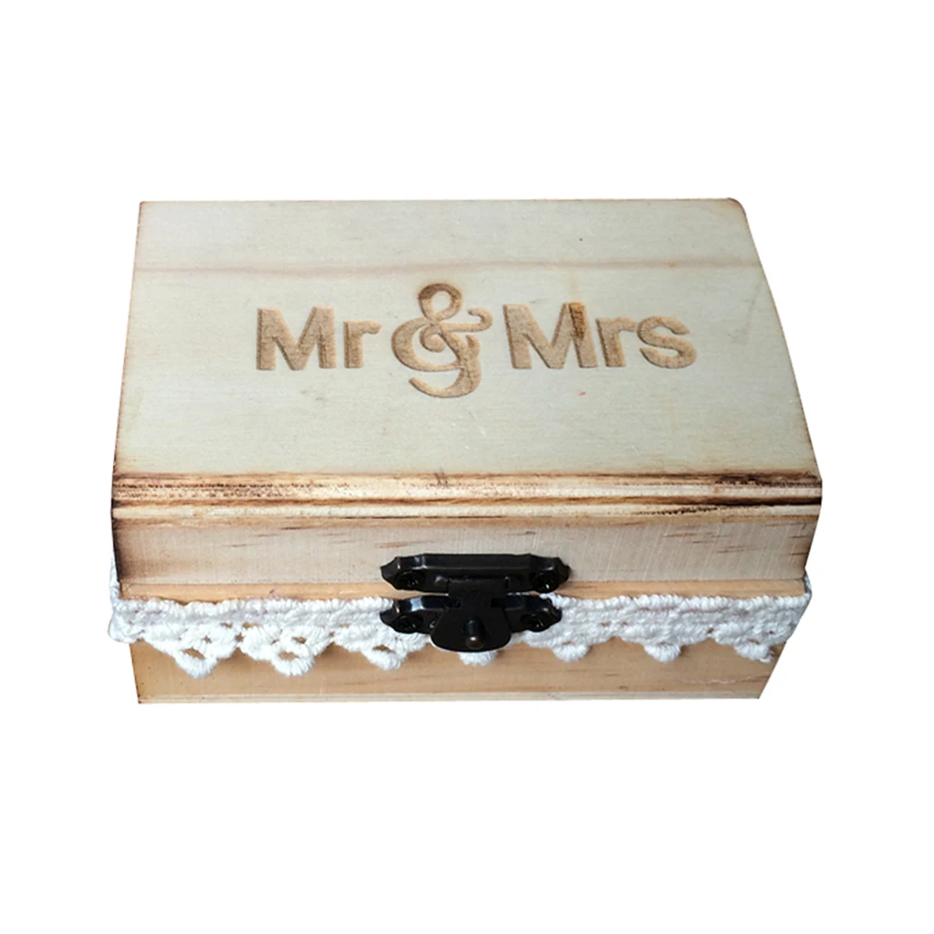 Vintage Mr & Mrs Wooden Ring Box with Cotton Lace Ring Holder Case Wedding Party Ring Bearer Box Gift