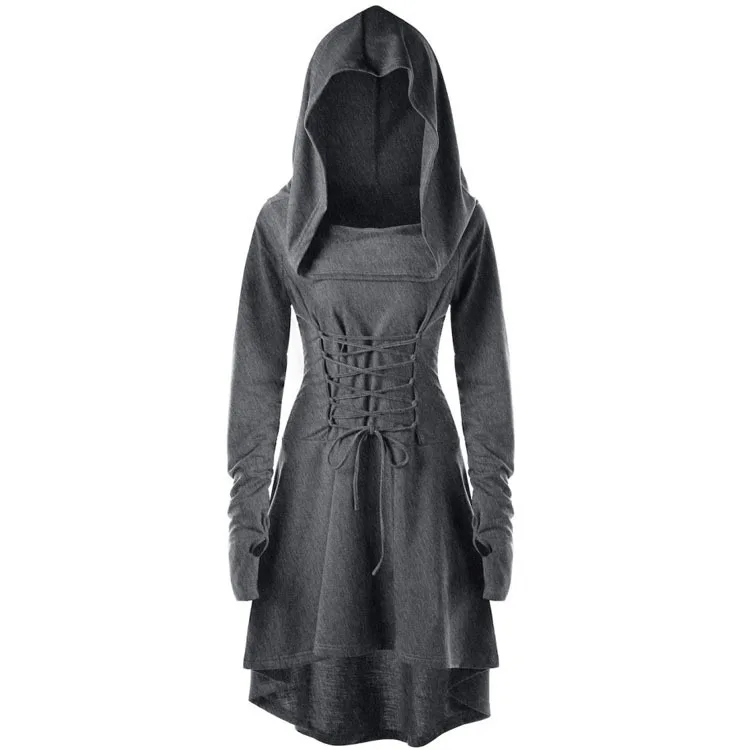 YiYLunneo Womens Renaissance Costumes Hooded Robe Lace Up Vintage Steampunk Gothic Long Hoodie Dress 