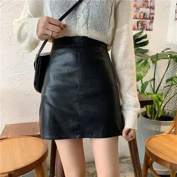 Women's Leather Skirt A-line Female Skirts Small Leather Early Autumn New Korean Version of The High Waist Wild Package Hip nike skirt