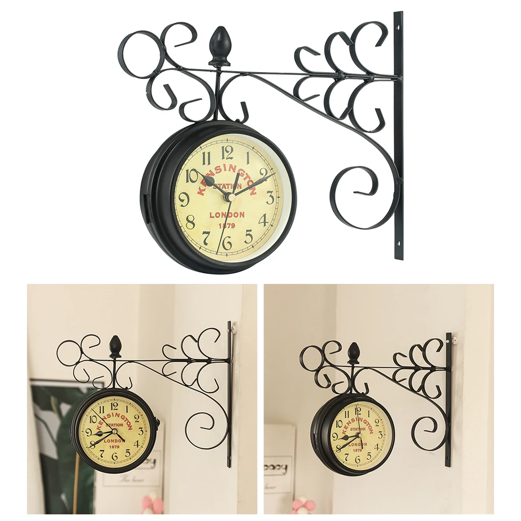 Double-Side Faces Metal Wall Hanging Clock Clocks Train Side Mount Home 