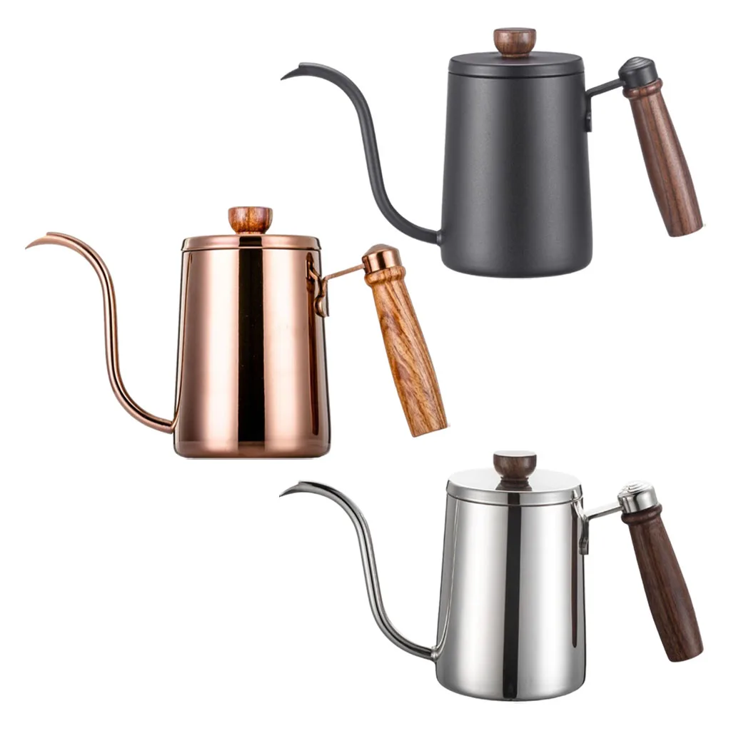 Stainless Steel Coffee Pot Gooseneck Pour Over Pot Wooden Handle Anti-scalding with Lid Flow Spout for Stovetops