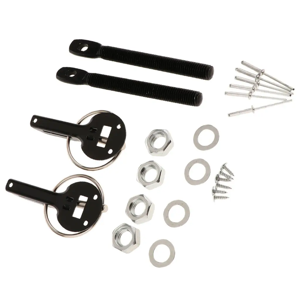 Aluminum Sport Alloy Mount Bonnet Racing Hood Pin Lock Latch Kit Set For Auto Car (Black)