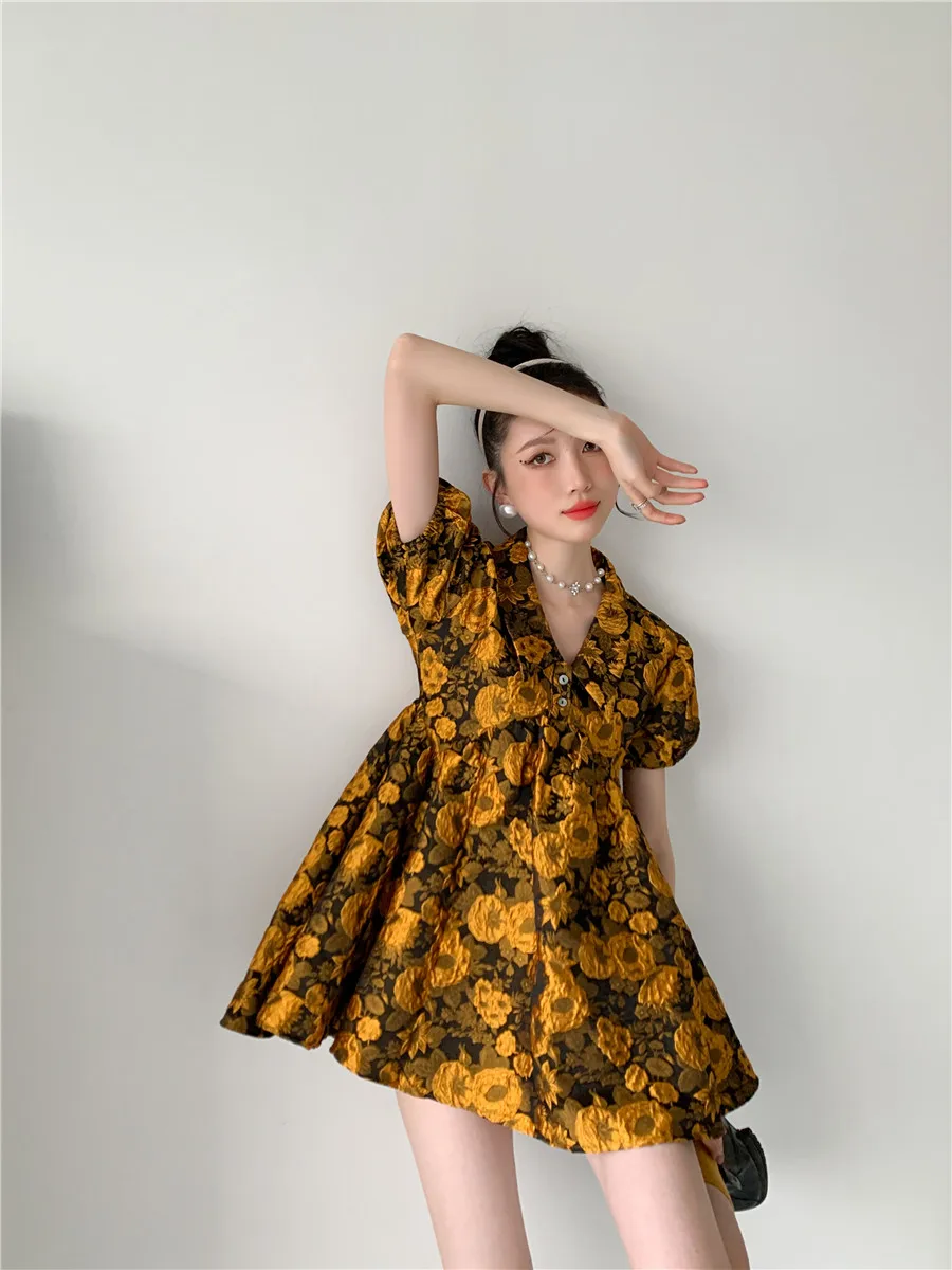 H2a822f030c6b47c5bd77cba884990473C - Summer Turn-Down Collar Puff Sleeves Yellow Floral Print Mini Dress