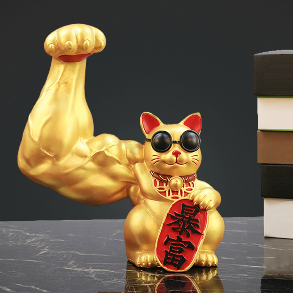 Strong Arm Lucky Cat Figurine Statue Shop Openning Gift Welcome Cat Ornament