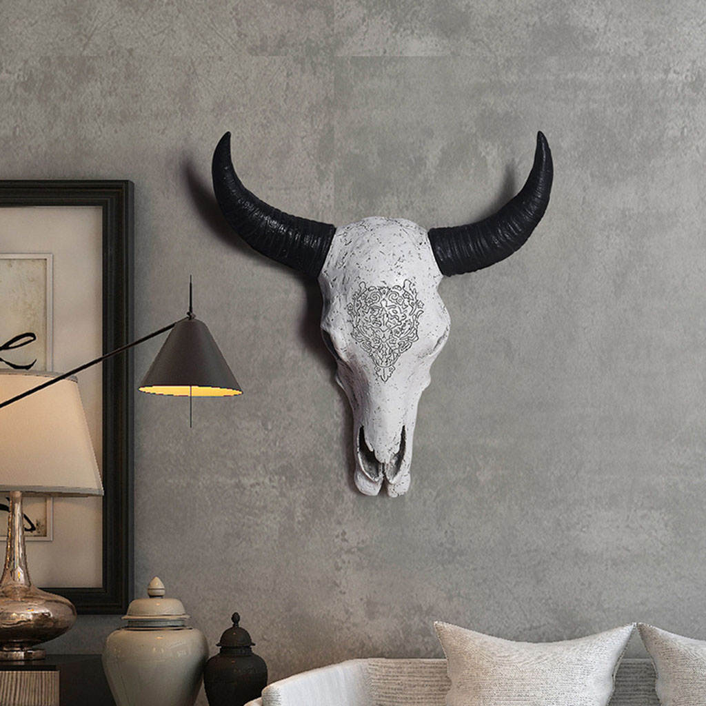 Bull Skull Sculpture Art Decor Resin Animal Head Retro Wall Mount for Home