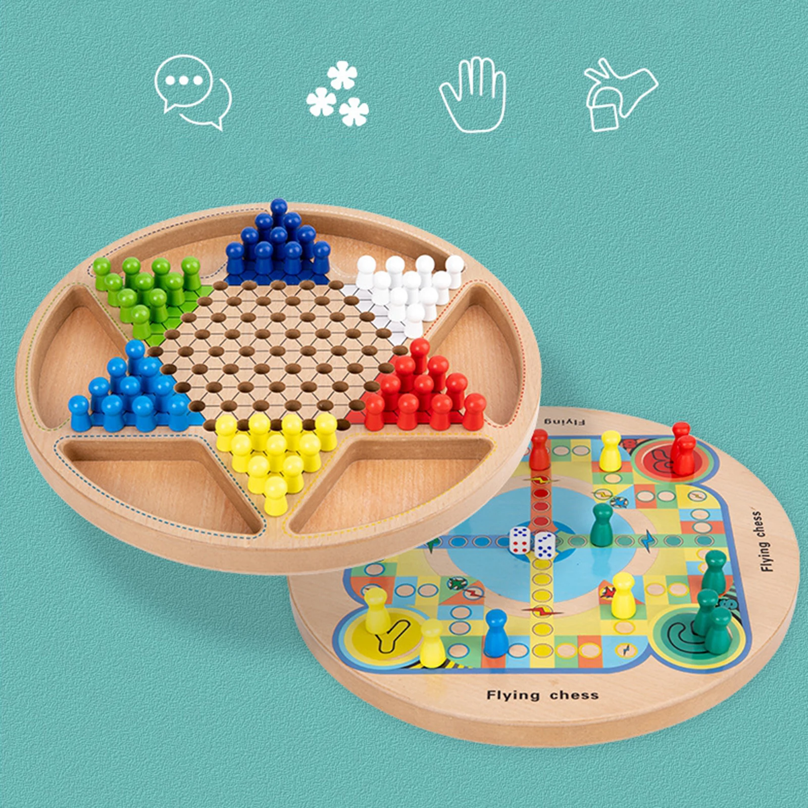 2 in 1 Chinese Checkers Board Game Mini Wooden Travel Set with Coloured Pegs for Adults, Boys and Girls in 6 Colors
