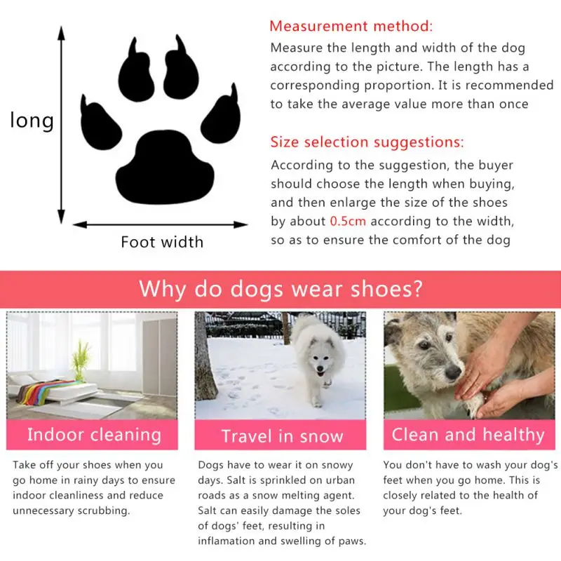 Una infografía o guía instructiva sobre cómo medir la pata de un perro para zapatos o botines. Incluye un diagrama de la pata de un perro con medidas etiquetadas de largo y ancho. También se enumeran tres razones por las que los perros pueden usar zapatos:

1