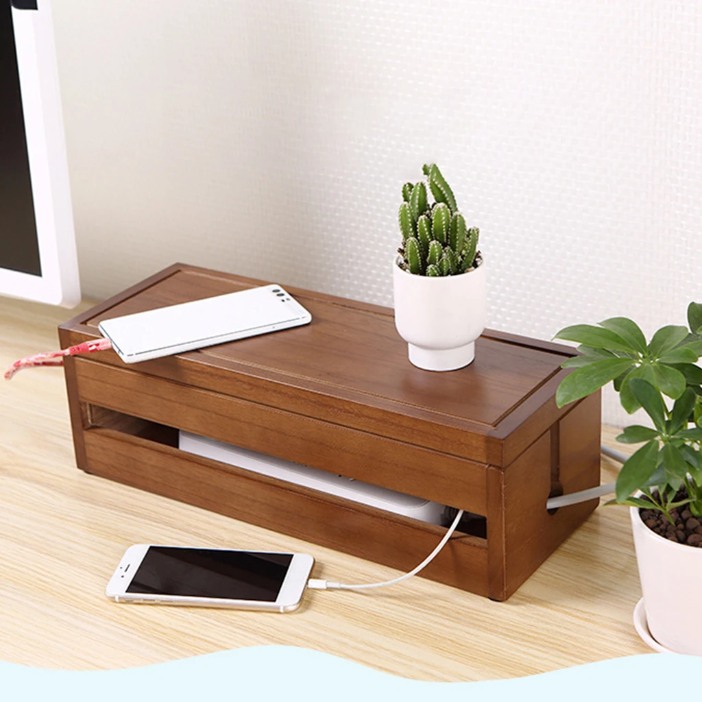 Cable Management Box Wood Cord Organizer Conceal Extension Cover Office
