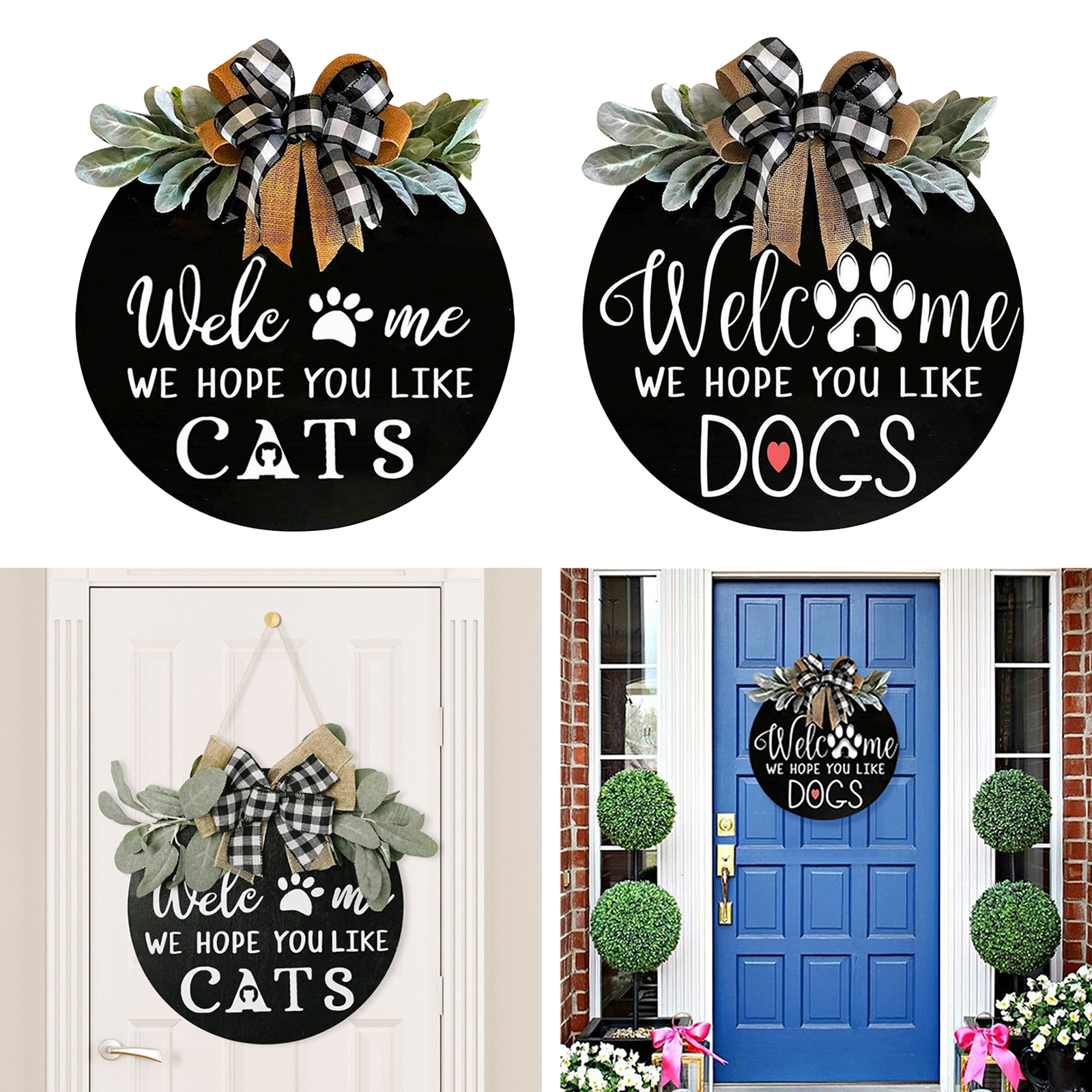 Welcome Sign for Front Door,16In Front Door Decors -We Hope You Like Dogs/Cats Wooden Porch Decor for Farmhouse w/ Green Leaves