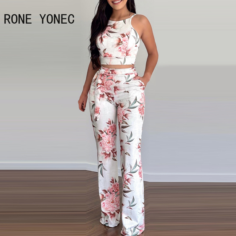 Feminino duas peças conjunto floral estampado sem mangas topo e calças conjunto