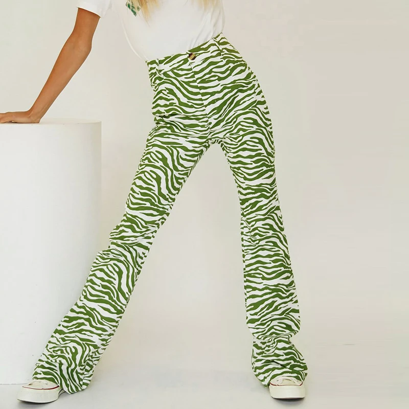 2021 New Female Trousers Zebra-Stripe High Waist Straight-Leg Pants Loose Pants for Spring Fall Green S/M/L cargo pants