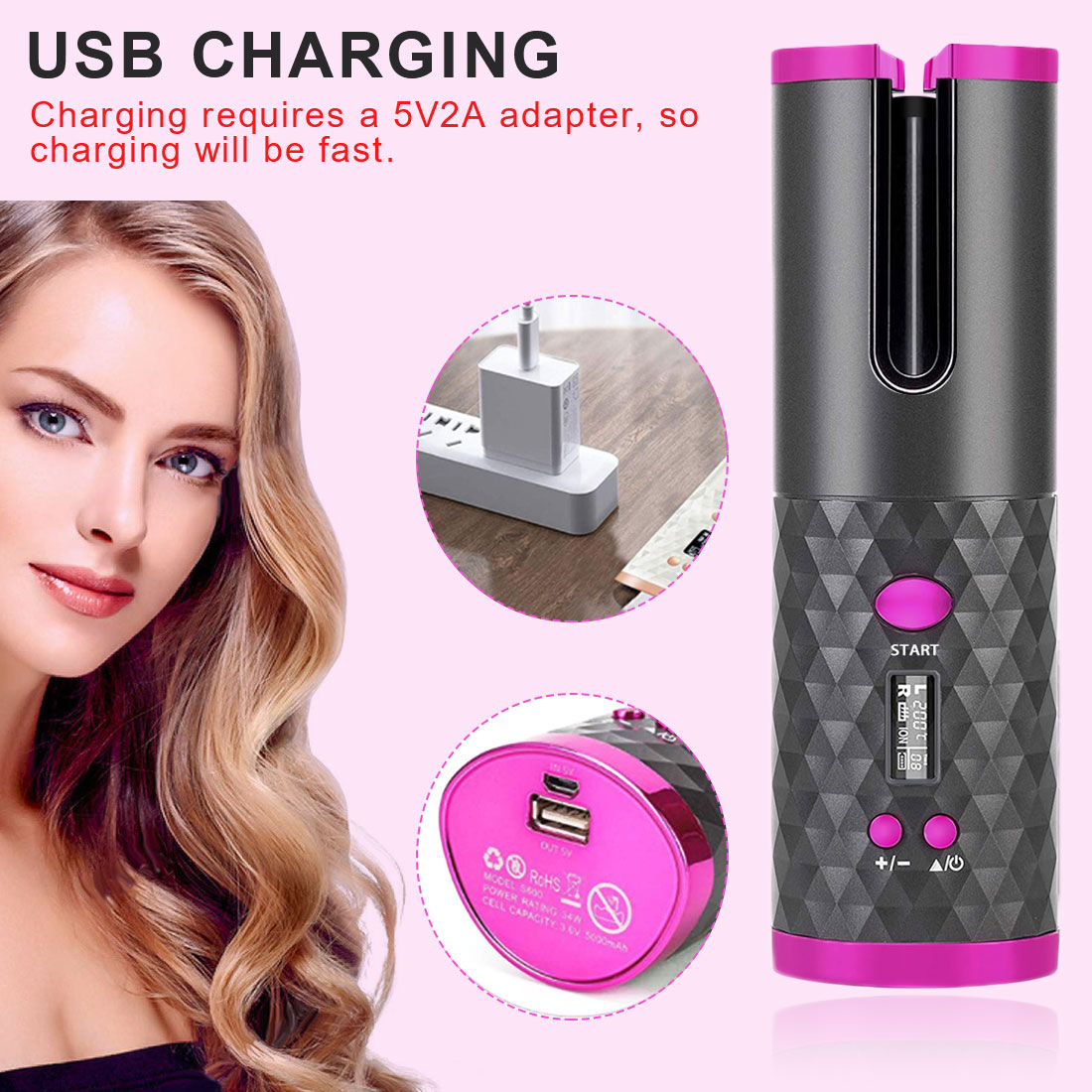 Automático sem Fio Modelador de Cabelo Lcd com 1 Pente + 2pc Cabelo Curling Ferro Portátil Recarregável Onda Styer Display Clipes Usb 11 styer display lcd com 1 pente + 2pc clipes