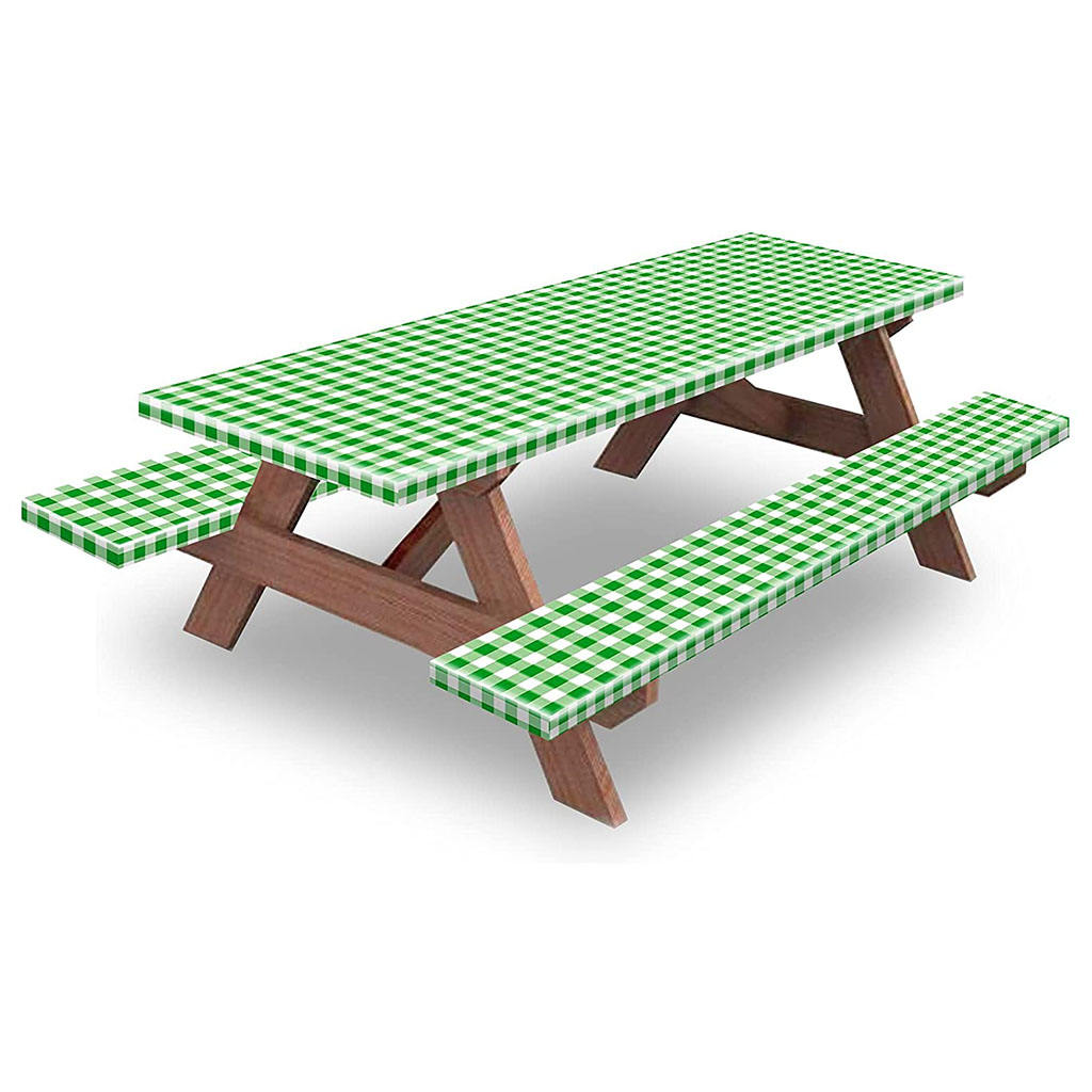 Picnic Table & Benches Cover with Flannel Backing Checkered Printed Fitted Tablecloth for Park Party