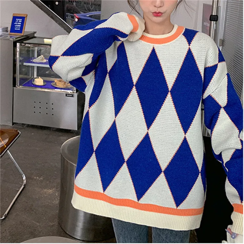 Women Sweater Geometric Pattern Long Sleeve Round Neck Loose Casual Knitting Tops Autumn Winter Female Pullovers Streetwear short sleeve cardigan