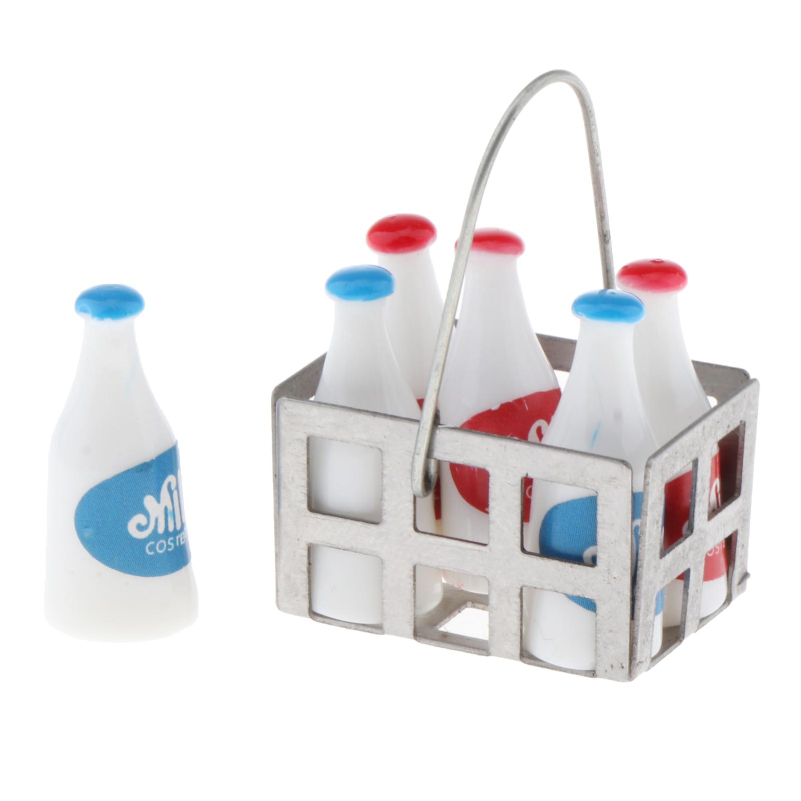 Mini Milk Box with 6 Units of Toy Milk Bottles, Miniature of