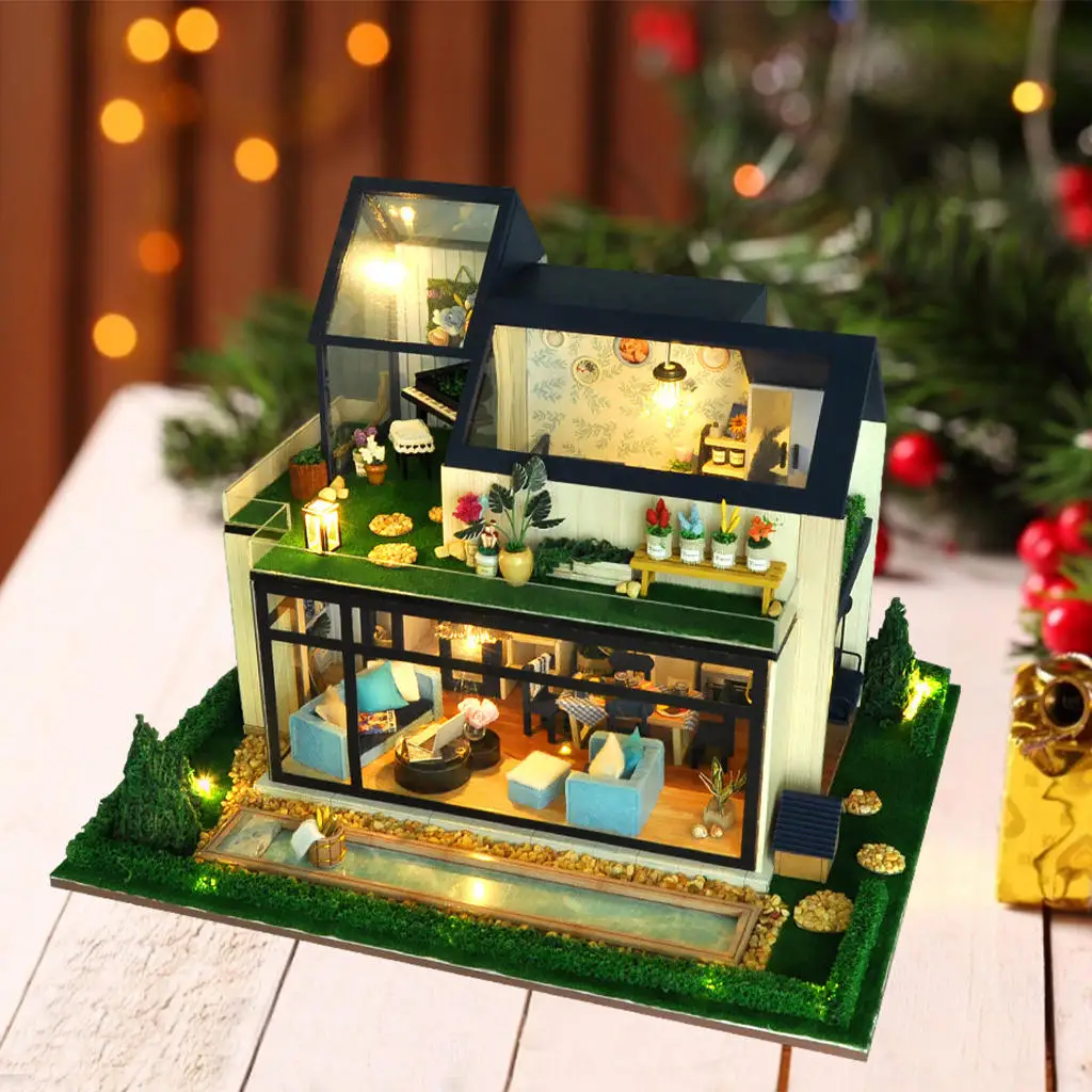 Miniature DIY Dollhouse Set, Wooden Mini Lighting up with LED with Musical Furniture Kit, for Festival Toy Landscape Xmas Gift